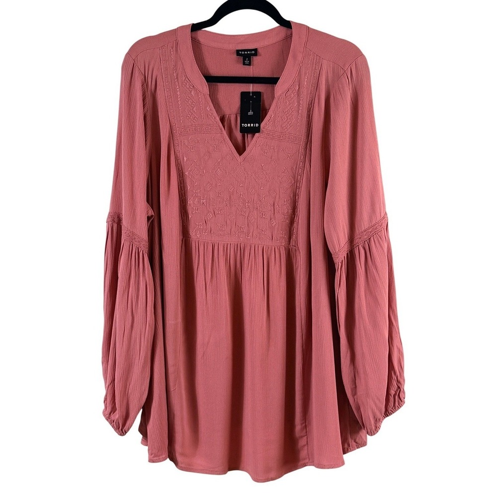 Torrid Blouse Sz 2 2X Dusty Rose Embroidered Long Sleeve Boho Peasant Top New